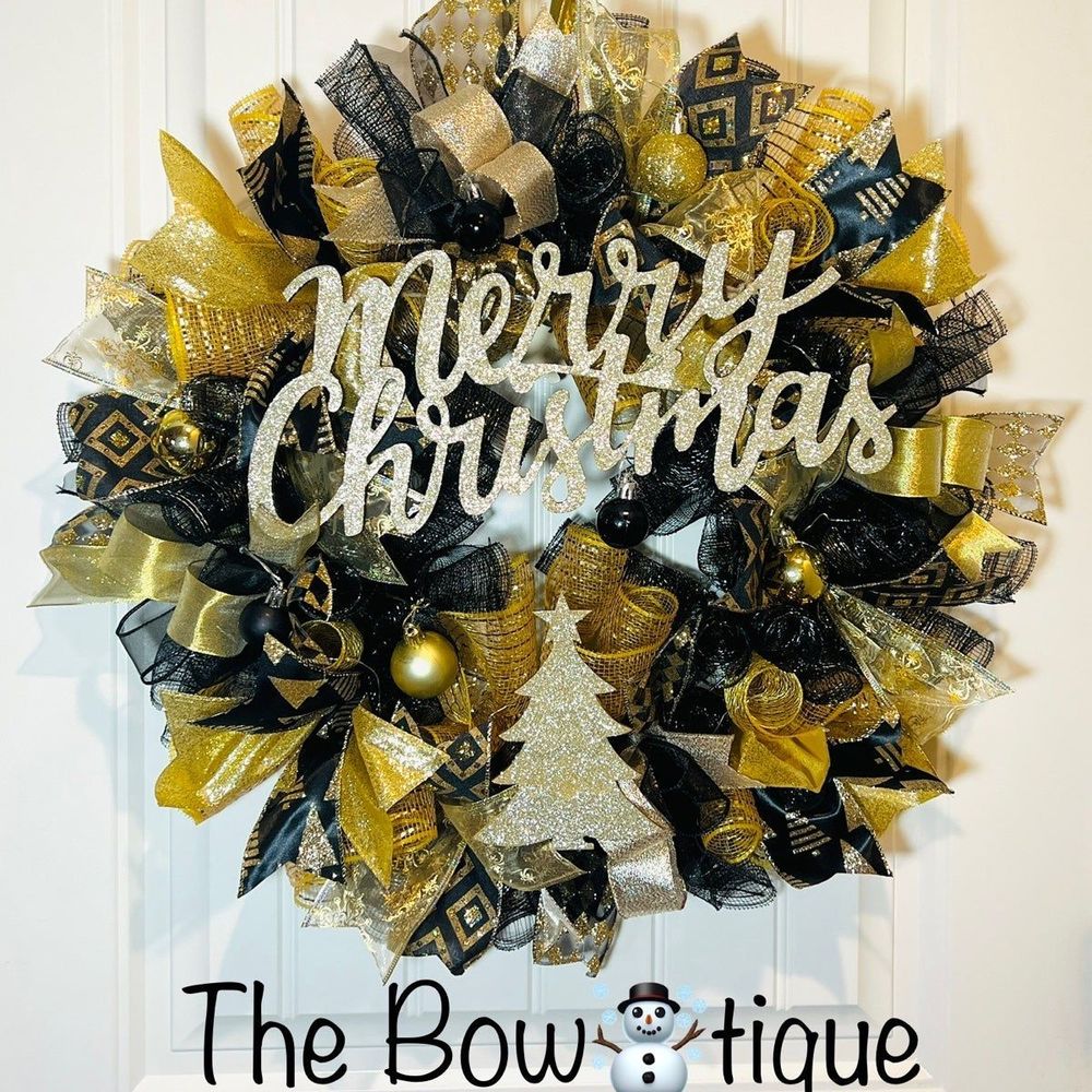 Black & Gold Merry Christmas Tree Ribbon Door Wreath Handmade 22 ins LED W24